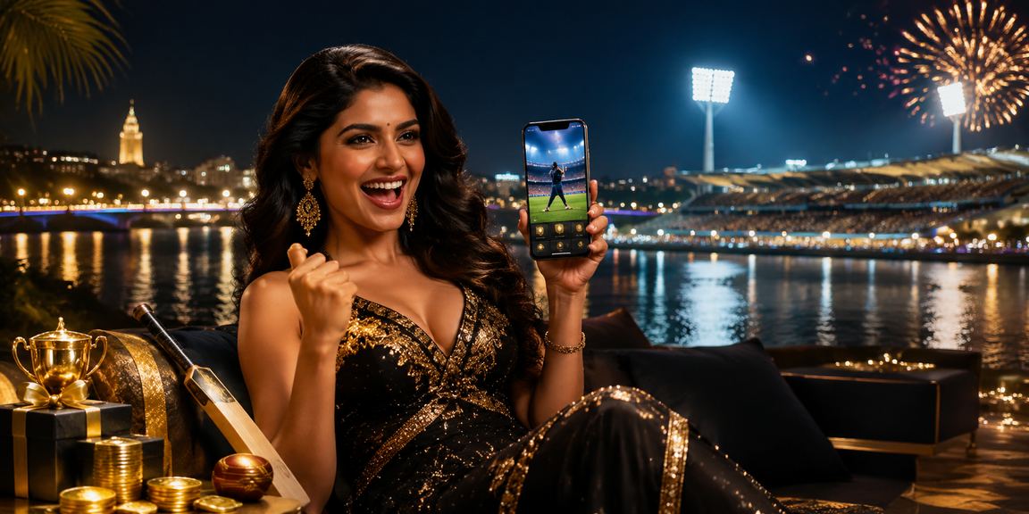 Ahmedabad riverfront with cricket betting theme at night